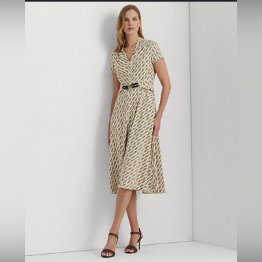 Lauren Ralph Lauren Equestrian-Print Georgette Dress Sz 14 Bit Bridle Old Money